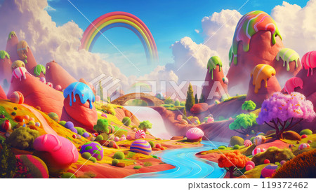 A candyland landscape with candy ice cream mountains sugar river and a pastel rainbow bridge in fluffy clouds. Sweet wonderland kid child fantasy concept 119372462