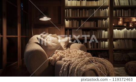 The soft glow of a lamp illuminates a cozy reading chair draped with a knit blanket in a room filled with shelves of books perfect for a quiet evening. Cozy home interior design 119372463