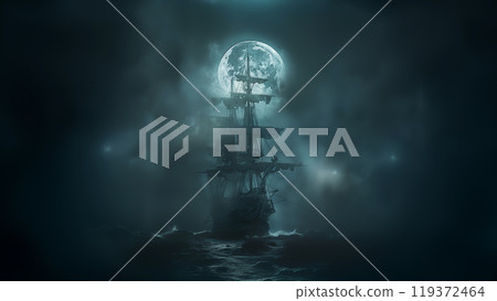 A pirate ship is afloat in the dark ocean waters under the moonlight. Dreamy fantasy concept 119372464