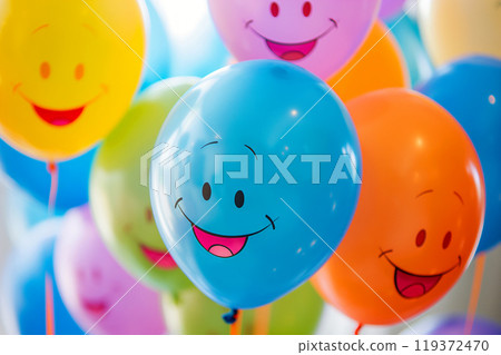 Colorful bunch of balloons with unique facial happy smile expressions. Birthday card celebration concept Colorful bunch of balloons with unique facial happy smile expressions. Birthday card celebration concept 119372470