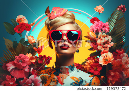 Modern painting in pop art style of young beautiful blonde woman in red sunglasses on bright colorful floral flowers background. Contemporary trendy stylish drawing in bold hues Modern painting in pop art style of young beautiful blonde woman in red sunglasses on bright colorful floral flowers background. Contemporary trendy stylish drawing in bold hues 119372472