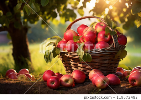 A wooden basket filled with vibrant red ripe apples. Healthy nutrition concept 119372482