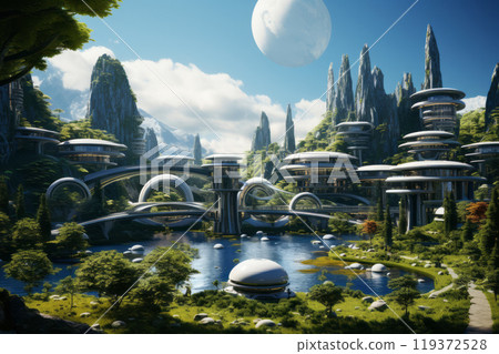A serene alien landscape with futuristic buildings amidst towering rock formations and a large moon in the sky. Fantasy city concept 119372528