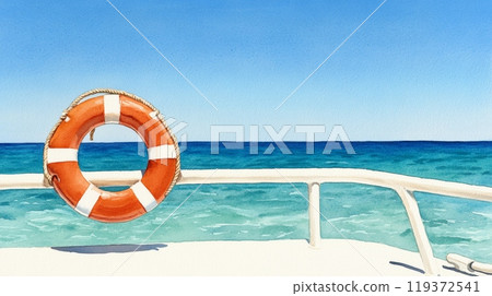 A lifebuoy in bright orange with white stripes, suspended from the handrail  119372541