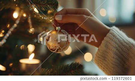 Hand Placing Ornament on Christmas Tree  119372601