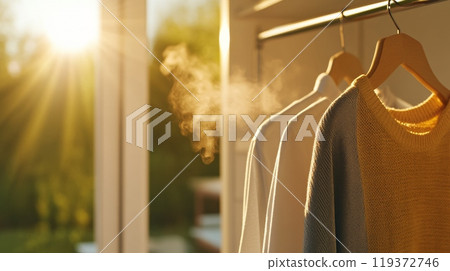 freshly washed and ironed clothes hang on a hanger 119372746
