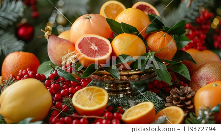 A bowl of oranges, grapefruits and other fruits on a table, AI 119372794