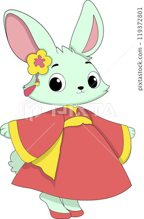 Chinese New Year Celebration with Cute Rabbit in Traditional Attire for Year of the Rabbit Illustration 119372801