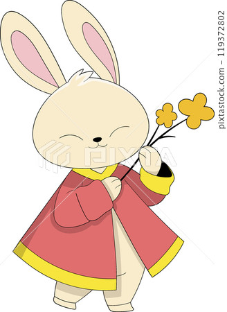 Chinese Rabbit Celebrating New Year with Traditional Outfit and Flowers in Cute Cartoon Style Illustration 119372802