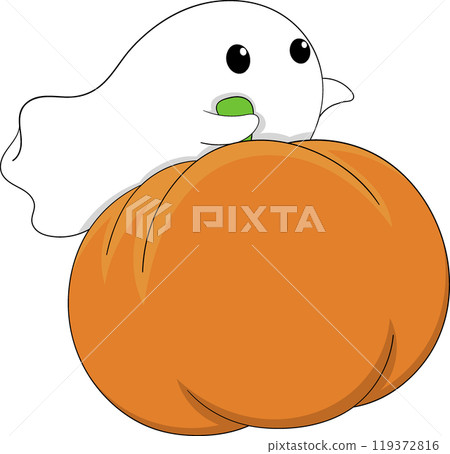 Friendly Ghost Floating with Large Pumpkin in Adorable Cartoon Style Halloween Illustration Friendly Ghost Floating with Large Pumpkin in Adorable Cartoon Style Halloween Illustration 119372816