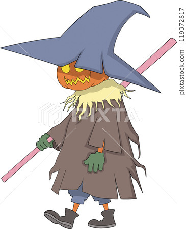 Halloween Pumpkin Headed Scarecrow Character in Witch Costume Holding a Staff Halloween Pumpkin Headed Scarecrow Character in Witch Costume Holding a Staff 119372817
