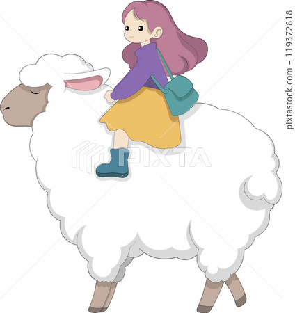 Little Girl Riding on a Fluffy Sheep in Whimsical Cartoon Style Illustration Little Girl Riding on a Fluffy Sheep in Whimsical Cartoon Style Illustration 119372818