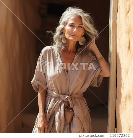 Beautiful gray-haired elderly woman in a light dress on the street  119372862