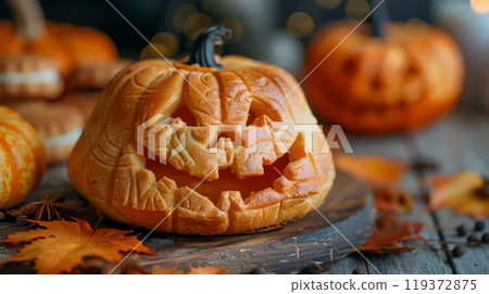 A carving of a pumpkin with carved faces on it, AI 119372875