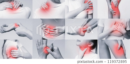 Medicine and healthcare. Young woman feeling pain in various body parts, collage 119372895
