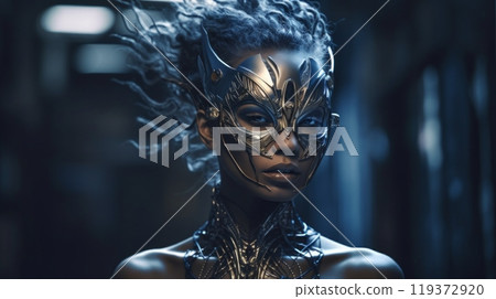 A woman with a mask on her face and hair, AI 119372920