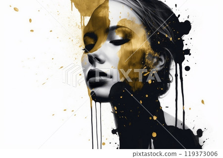 A woman with gold paint splatter on her face and hair, AI 119373006