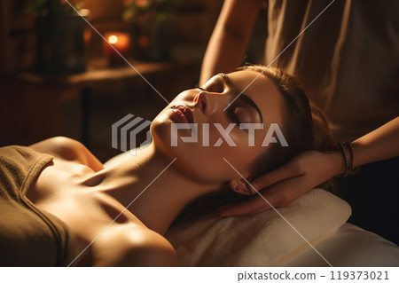 Young woman enjoys massage in a luxury spa resort 119373021