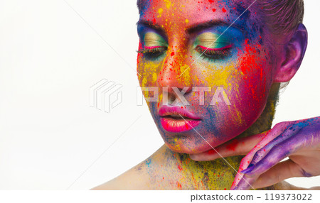 Beautiful woman with bright colorful art make-up, creative design and beauty salon advertisement 119373022