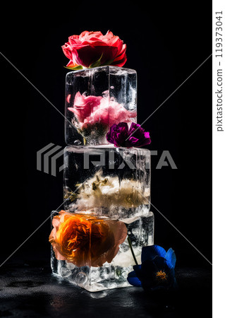 high stack of different ice cubes with flowers inside on a black background high stack of different ice cubes with flowers inside on a black background 119373041