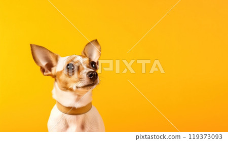 Portrait of a dog on a yellow background copy space postcard place for your text 119373093