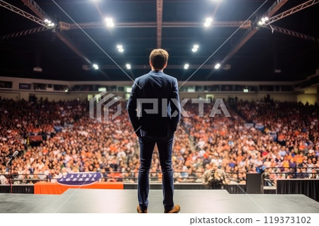 politician on stage .electoral campaign before the elections, back view politician on stage .electoral campaign before the elections, back view 119373102