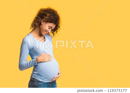 Enjoying pregnancy. Expectant woman embracing her belly over white background, panorama with free space 119373177