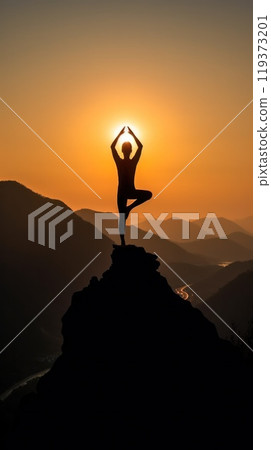 silhouette of a man doing yoga on the top of a mountain  119373201