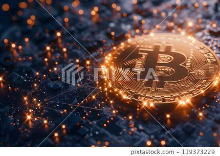 bitcoin shiner laid over circuit board bitcoin shiner laid over circuit board 119373229