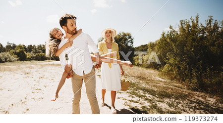 Summer Vacation. Family Having Fun Walking Outdoor, Father Lifting Little Daughter On Sunny Day On Weekend In Countryside. 119373274
