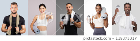 Five individuals engage in a workout session, each displaying towels and water bottles, showcasing their fitness dedication and camaraderie in an energetic environment. Five individuals engage in a workout session, each displaying towels and water bottles, showcasing their fitness dedication and camaraderie in an energetic environment. 119373317