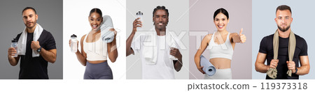 A diverse group of five individuals pose together, each holding workout accessories, showcasing their commitment to fitness and hydration. They display enthusiasm and readiness for exercise. 119373318