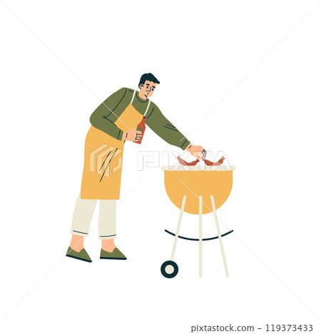 Man Character Stand in apron Frying Sausage Relaxing in Nature in the Park Have Barbecue Vector Illustration Man Character Stand in apron Frying Sausage Relaxing in Nature in the Park Have Barbecue Vector Illustration 119373433