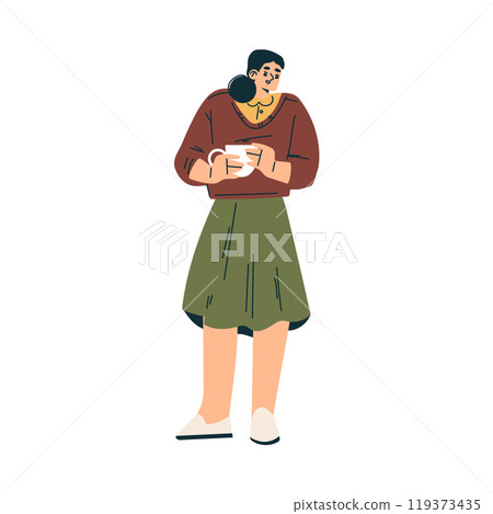 Woman Character Standing with Mug Relaxing in Nature in the Park Vector Illustration Woman Character Standing with Mug Relaxing in Nature in the Park Vector Illustration 119373435
