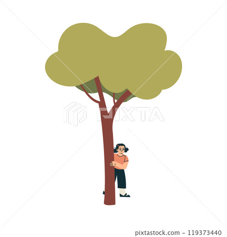 Playful Little Girl Hide Behind Tree Enjoying Summer Vector Illustration 119373440