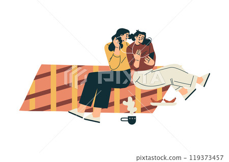 Woman Character Sit on Blanket with Sausage Relaxing in Nature in the Park Have Barbecue and Listen to Music Vector Illustration 119373457