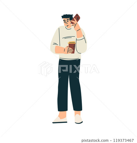 Man Character Standing with Coffee Cup and Smartphone Relaxing in Nature in the Park Vector Illustration Man Character Standing with Coffee Cup and Smartphone Relaxing in Nature in the Park Vector Illustration 119373467