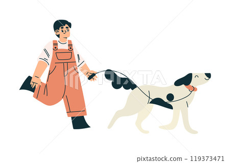 Boy Kid Walking Dog with Leash Vector Illustration 119373471