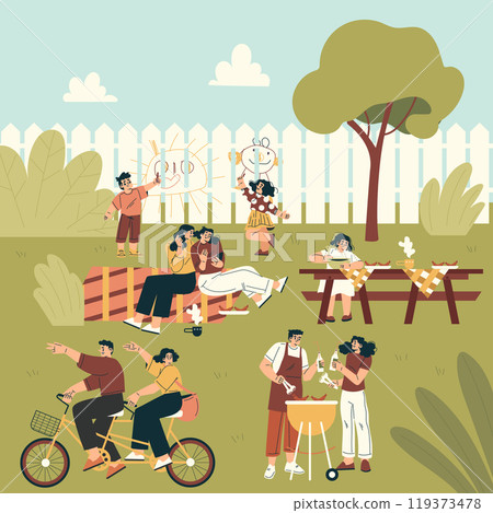 People Relaxing in Nature in the Park Have Barbecue Vector Illustration People Relaxing in Nature in the Park Have Barbecue Vector Illustration 119373478
