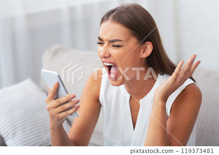 Angry Young Woman Shouting On Cellphone Having Phone Quarrel With Boyfriend Sitting On Sofa At Home. Selective Focus 119373481