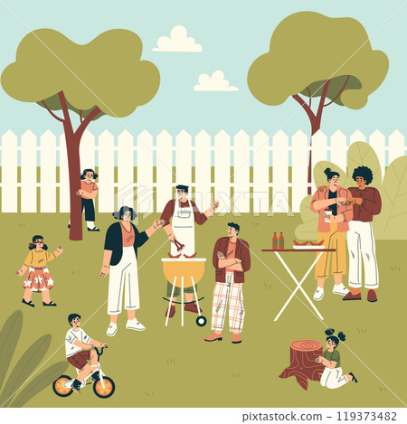 People Relaxing in Nature in the Park Have Barbecue Vector Illustration People Relaxing in Nature in the Park Have Barbecue Vector Illustration 119373482