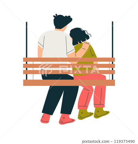 Man and Woman Character on Swing Bench Hang with Rope Enjoy Recreation Vector Illustration 119373490