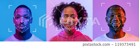 Three individuals demonstrate facial recognition technology against vibrant backgrounds, each showcasing unique expressions that highlight the tech's capabilities in an engaging way. 119373491