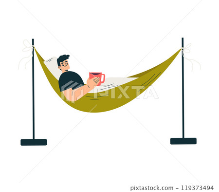 Man Character Swing on Hammock with Mug Hang with Rope Enjoy Recreation Vector Illustration 119373494