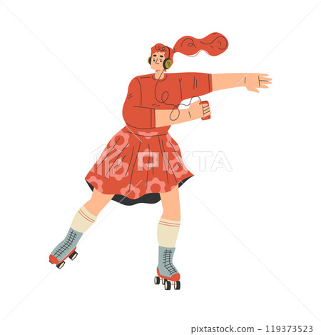 Woman Character Roller Skating Ride on Rollers with Earphones Vector Illustration Woman Character Roller Skating Ride on Rollers with Earphones Vector Illustration 119373523