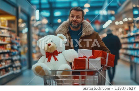Man with gifts in a supermarket. In the cart a white bear with a red bow, holiday boxes. Buying gifts. Generated by AI 119373627