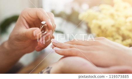 She said YES. Man putting on his girlfriends finger engagement ring, sitting on romantic dinner at cafe. Wedding proposal concept, copy space She said YES. Man putting on his girlfriends finger engagement ring, sitting on romantic dinner at cafe. Wedding proposal concept, copy space 119373885