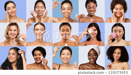 A diverse group of women enjoys their skincare routines, each showcasing different products and techniques for achieving radiant skin. The mood is joyful and engaging, highlighting self-care. A diverse group of women enjoys their skincare routines, each showcasing different products and techniques for achieving radiant skin. The mood is joyful and engaging, highlighting self-care. 119373953