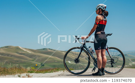 Pink gift present box with a white ribbon held in womans hands. Cope space, gifting season, Christmas, discount, sale, cozy 119374070