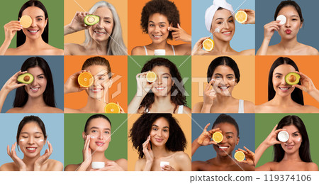 A diverse group of women joyfully demonstrates natural skincare techniques, using slices of fruits and creams on their faces in various colorful backgrounds, celebrating beauty and wellness. 119374106